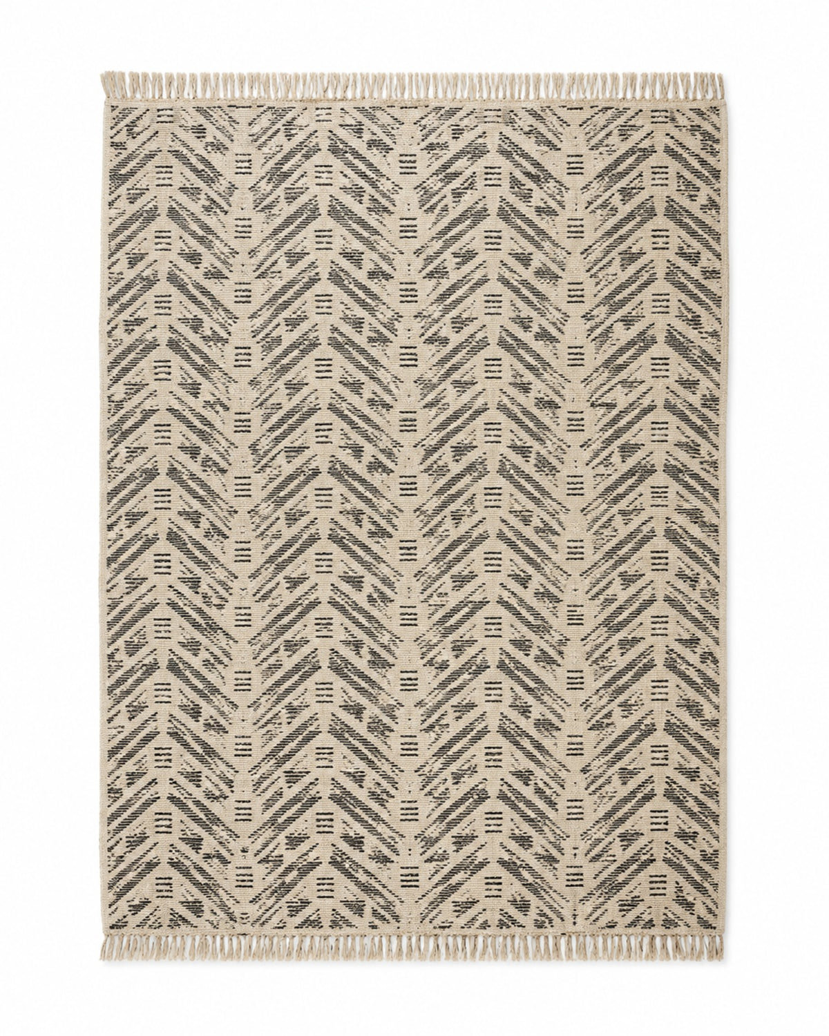 Charcoal and beige handwoven cotton rug with dense herringbone geometric pattern