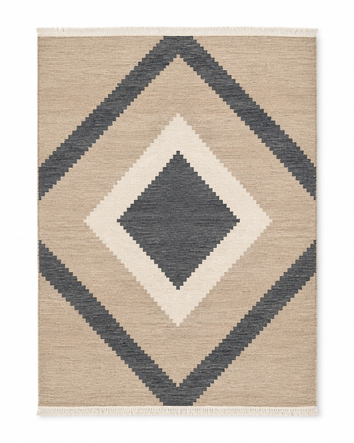 Charcoal taupe and cream handwoven cotton rug with nested diamond geometry