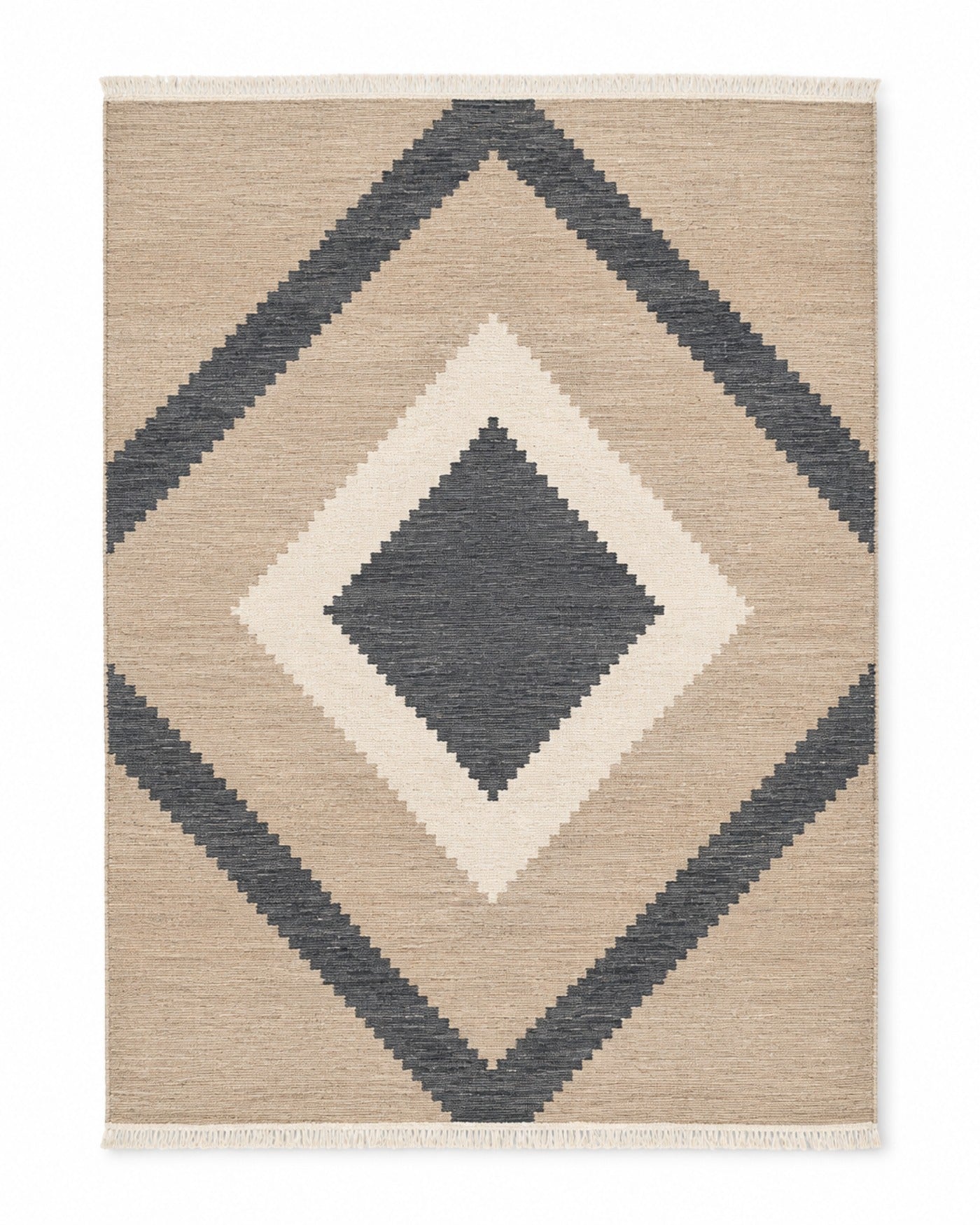 Charcoal taupe and cream handwoven cotton rug with nested diamond geometry