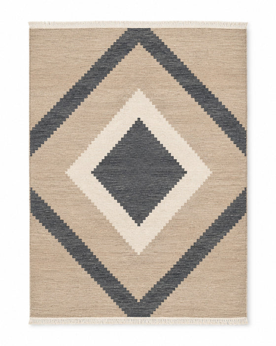 Charcoal taupe and cream handwoven cotton rug with nested diamond geometry