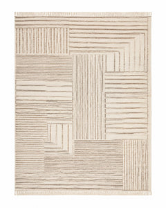 Ivory and beige handwoven cotton rug with linear patchwork geometric pattern
