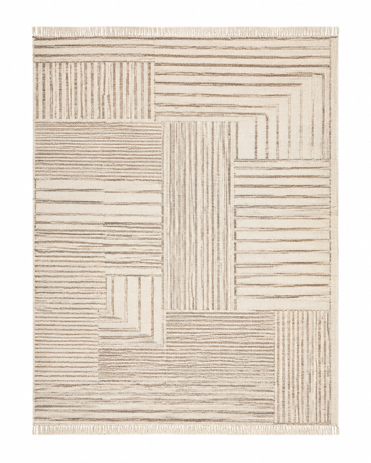 Ivory and beige handwoven cotton rug with linear patchwork geometric pattern