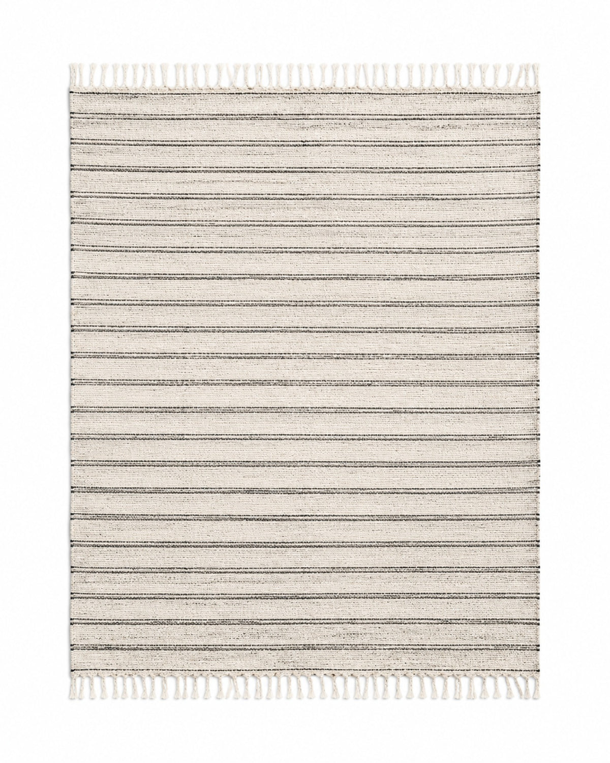 Ivory and charcoal handwoven cotton rug with fine horizontal stripes and fringe