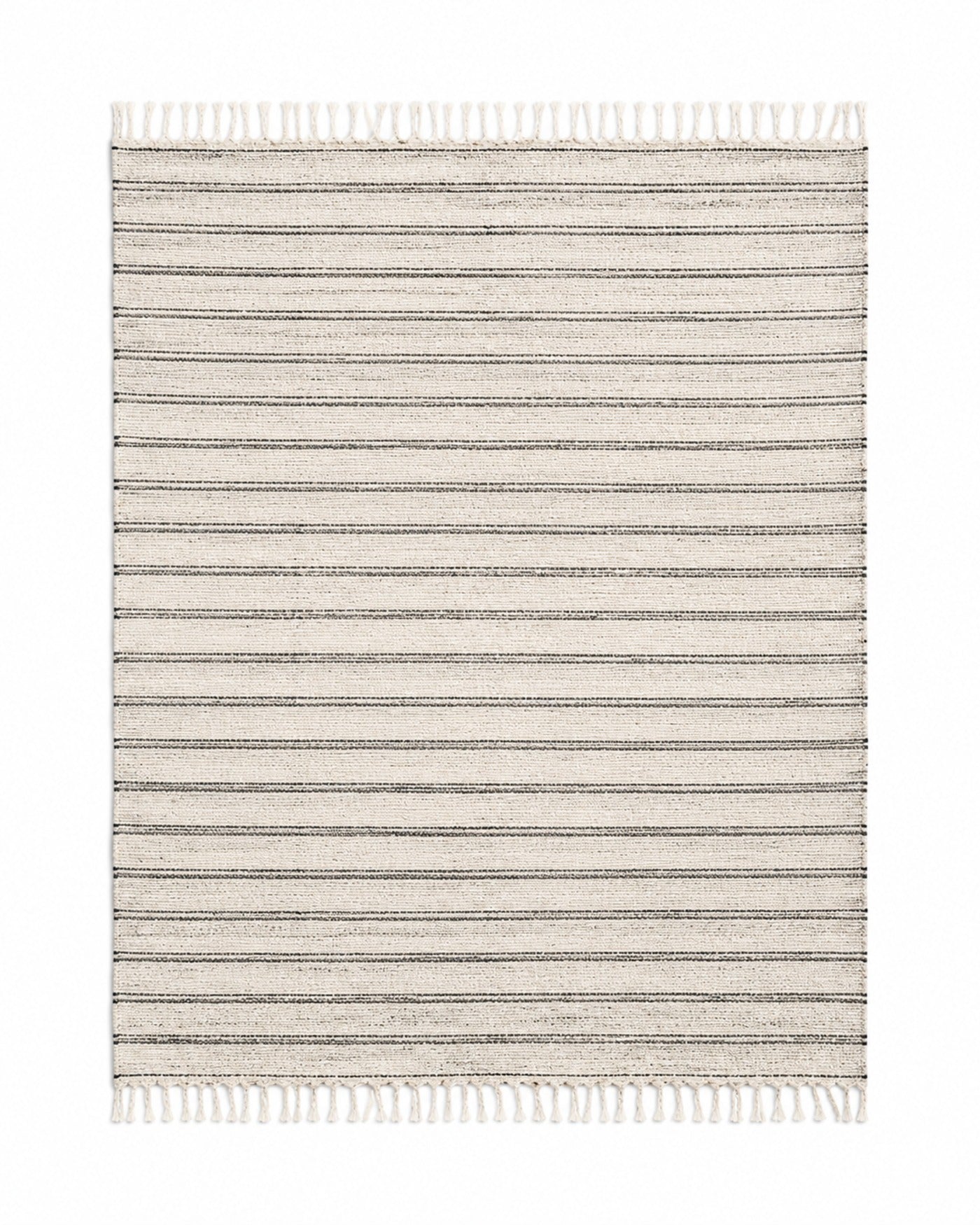 Ivory and charcoal handwoven cotton rug with fine horizontal stripes and fringe