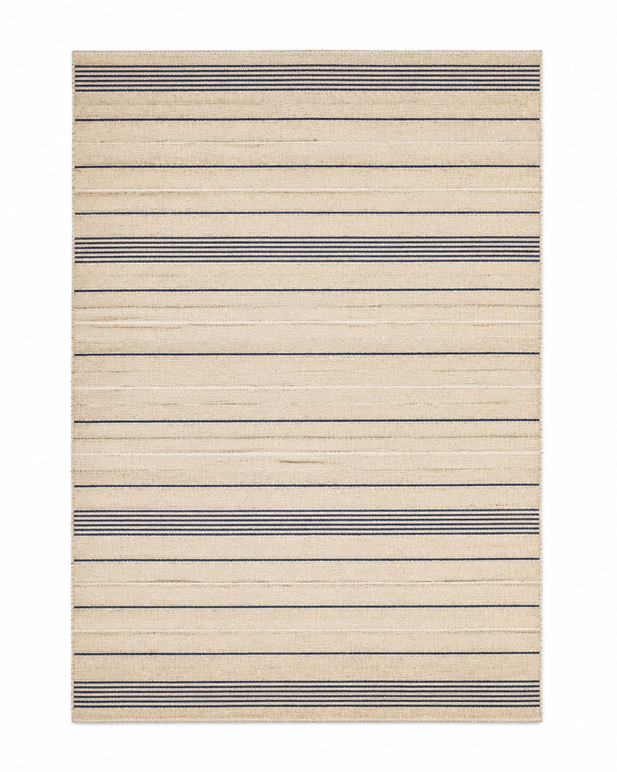 Navy and beige handwoven cotton rug with fine horizontal stripe pattern