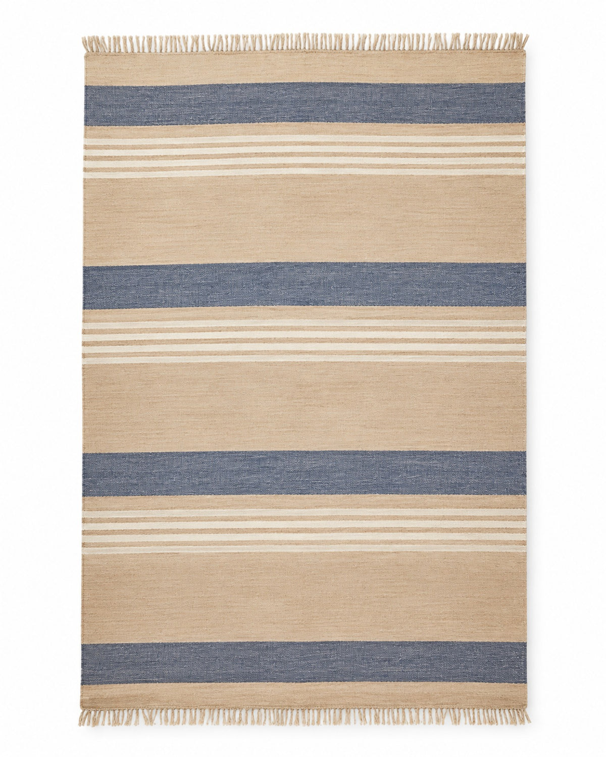 Navy and beige handwoven cotton rug with wide horizontal stripes and fringe