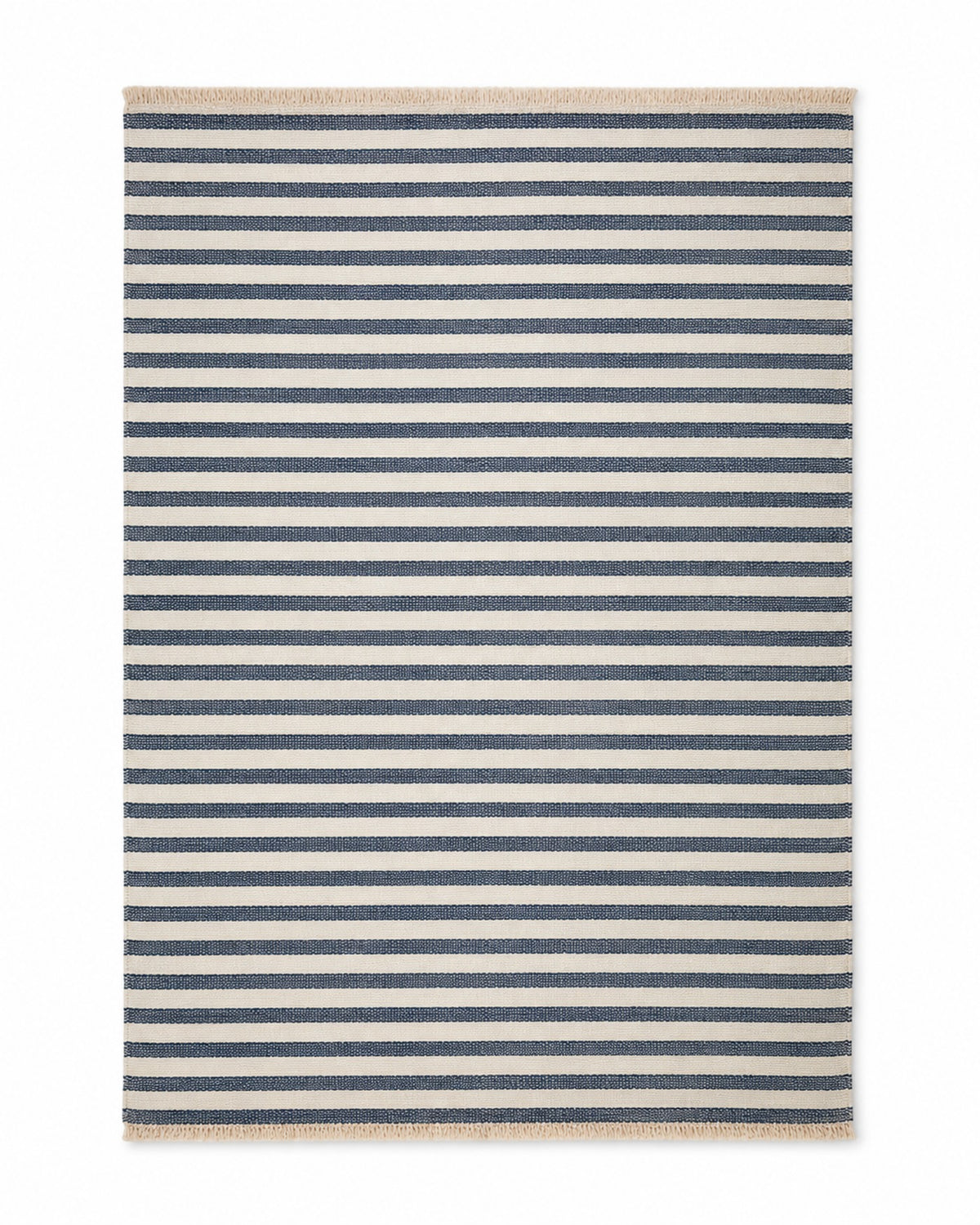 Navy and ivory handwoven cotton rug with narrow horizontal pinstripes