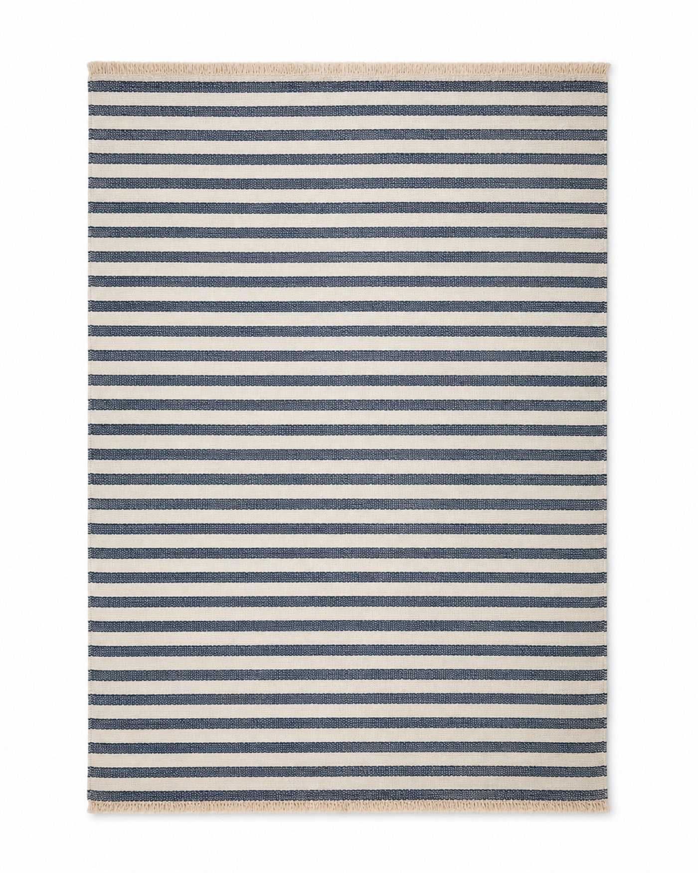 Navy and ivory handwoven cotton rug with narrow horizontal pinstripes