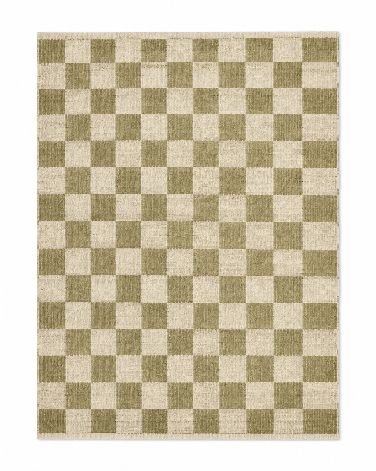 Olive green and ivory handwoven cotton rug with classic checkerboard pattern