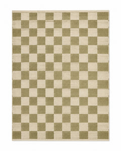 Olive green and ivory handwoven cotton rug with classic checkerboard pattern
