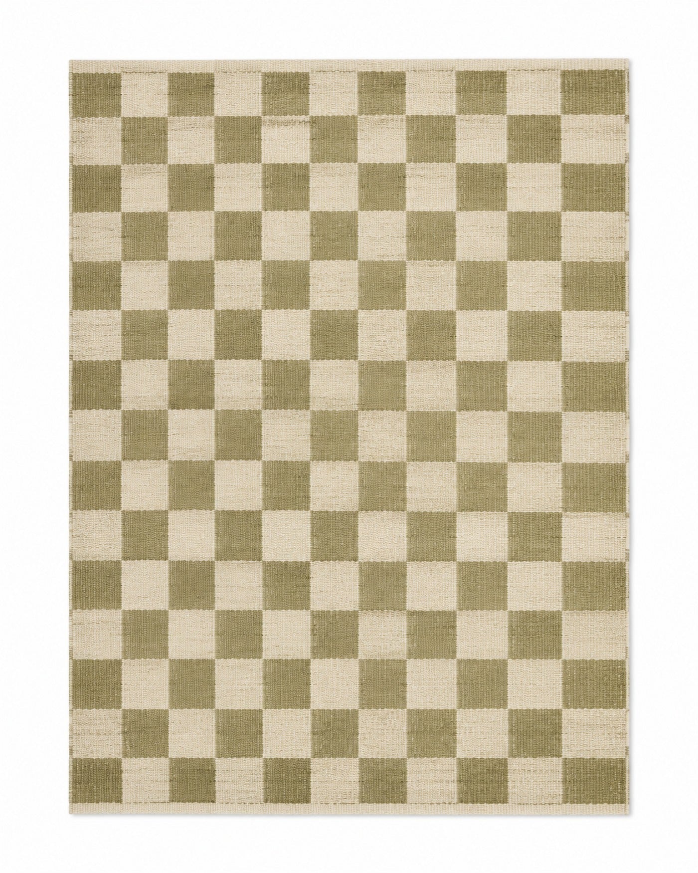 Olive green and ivory handwoven cotton rug with classic checkerboard pattern