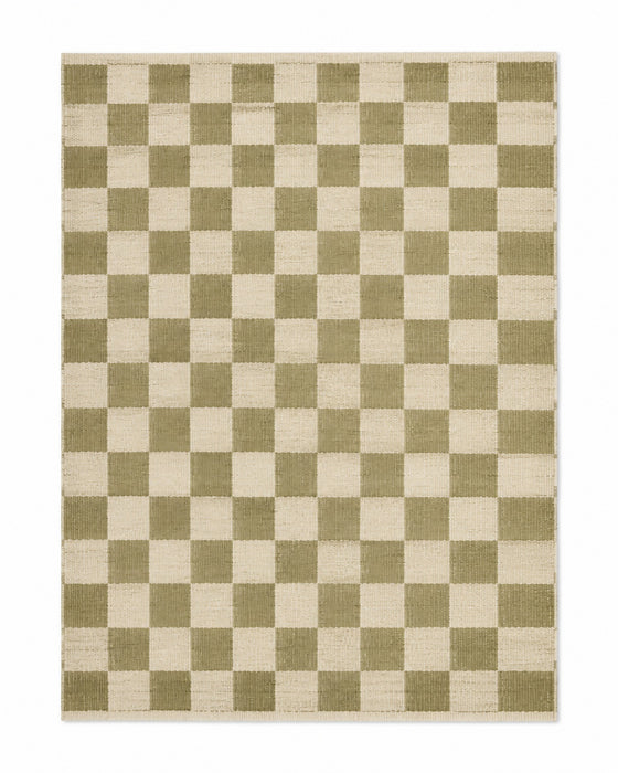 Olive green and ivory handwoven cotton rug with classic checkerboard pattern