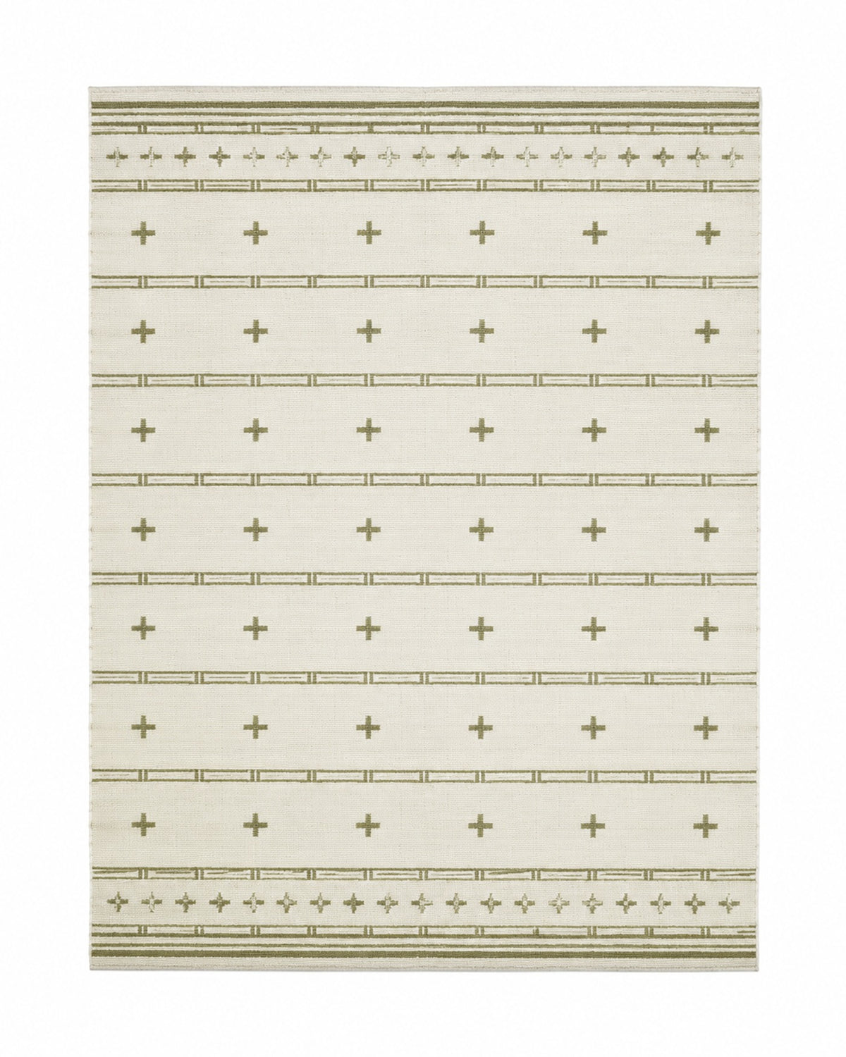 Olive and ivory handwoven cotton rug with small cross motifs and horizontal lines