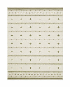 Olive and ivory handwoven cotton rug with small cross motifs and horizontal lines