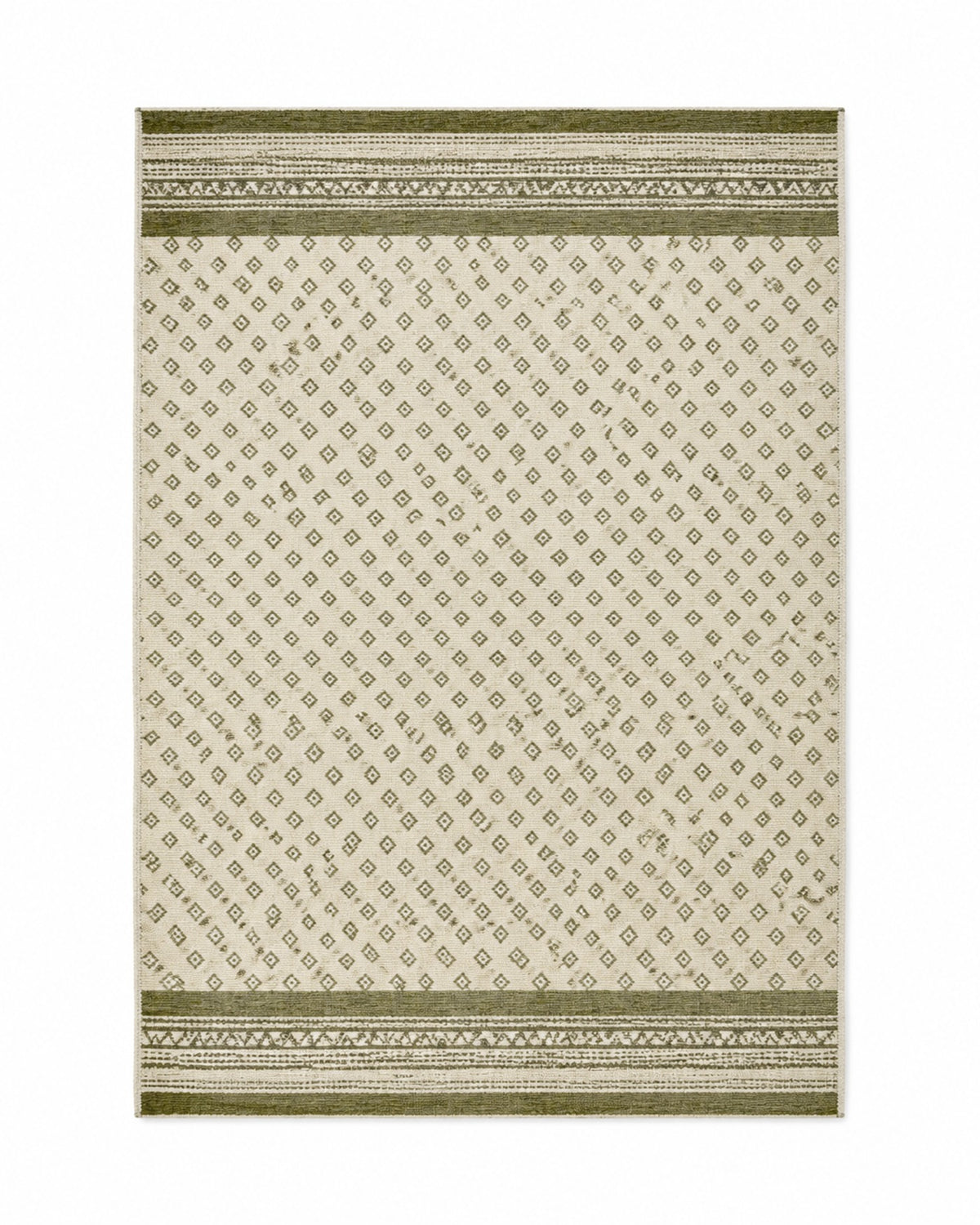 Olive and ivory handwoven cotton rug with small diamond repeat and woven borders