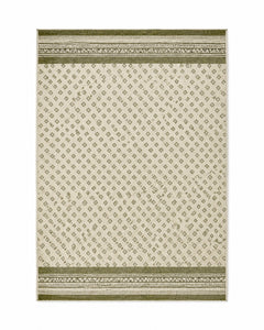 Olive and ivory handwoven cotton rug with small diamond repeat and woven borders