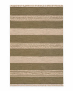 Olive green and ivory handwoven cotton rug with textured wide stripes and fringe