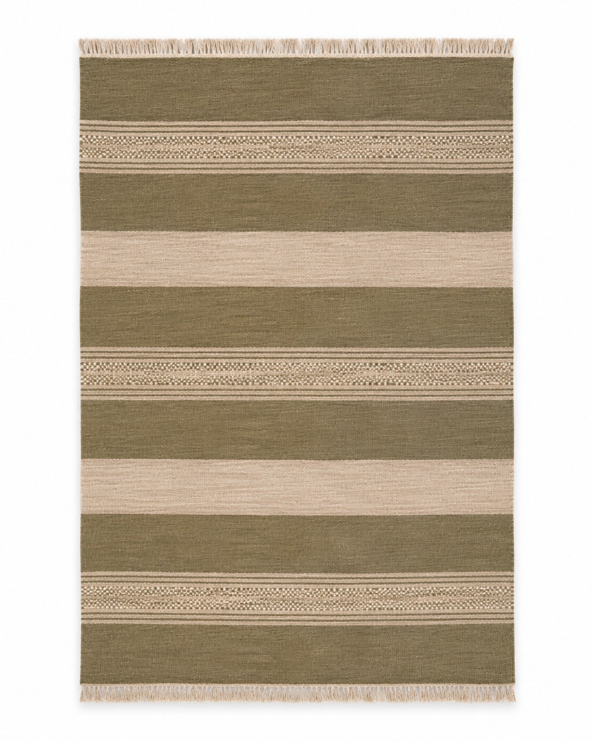 Olive green and ivory handwoven cotton rug with textured wide stripes and fringe