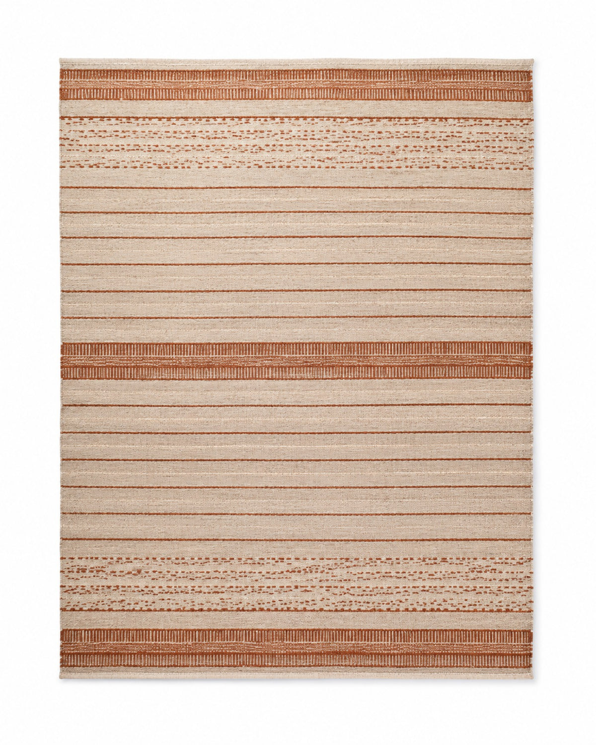 Rust and ivory handwoven cotton rug with decorative horizontal stripe bands