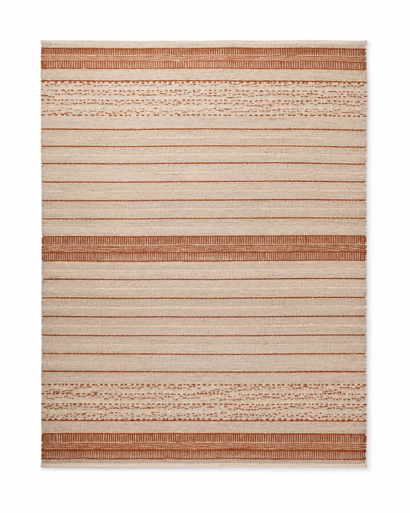 Rust and ivory handwoven cotton rug with decorative horizontal stripe bands