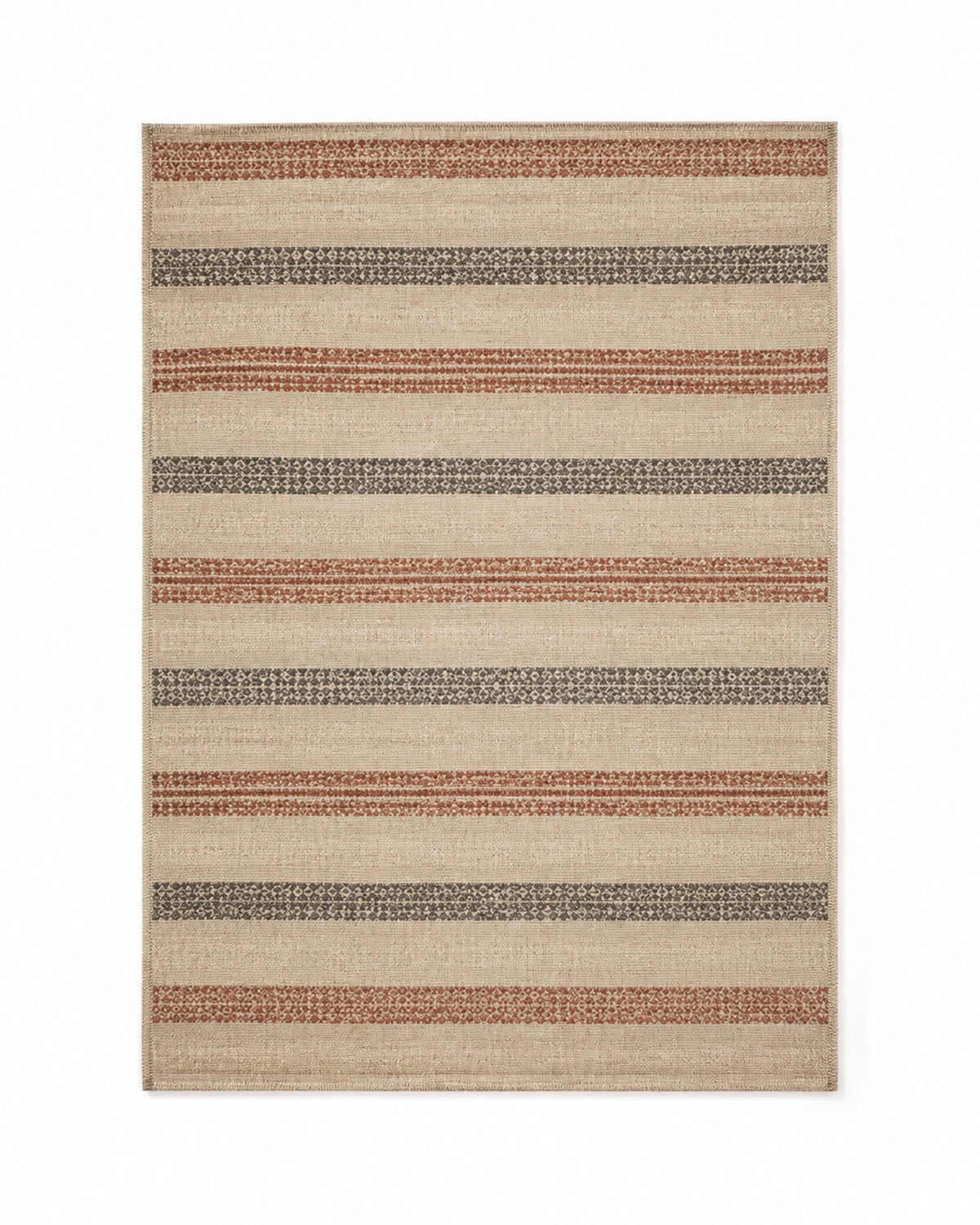 Rust taupe and charcoal handwoven cotton rug with textured stripe bands