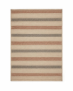 Rust taupe and charcoal handwoven cotton rug with textured stripe bands