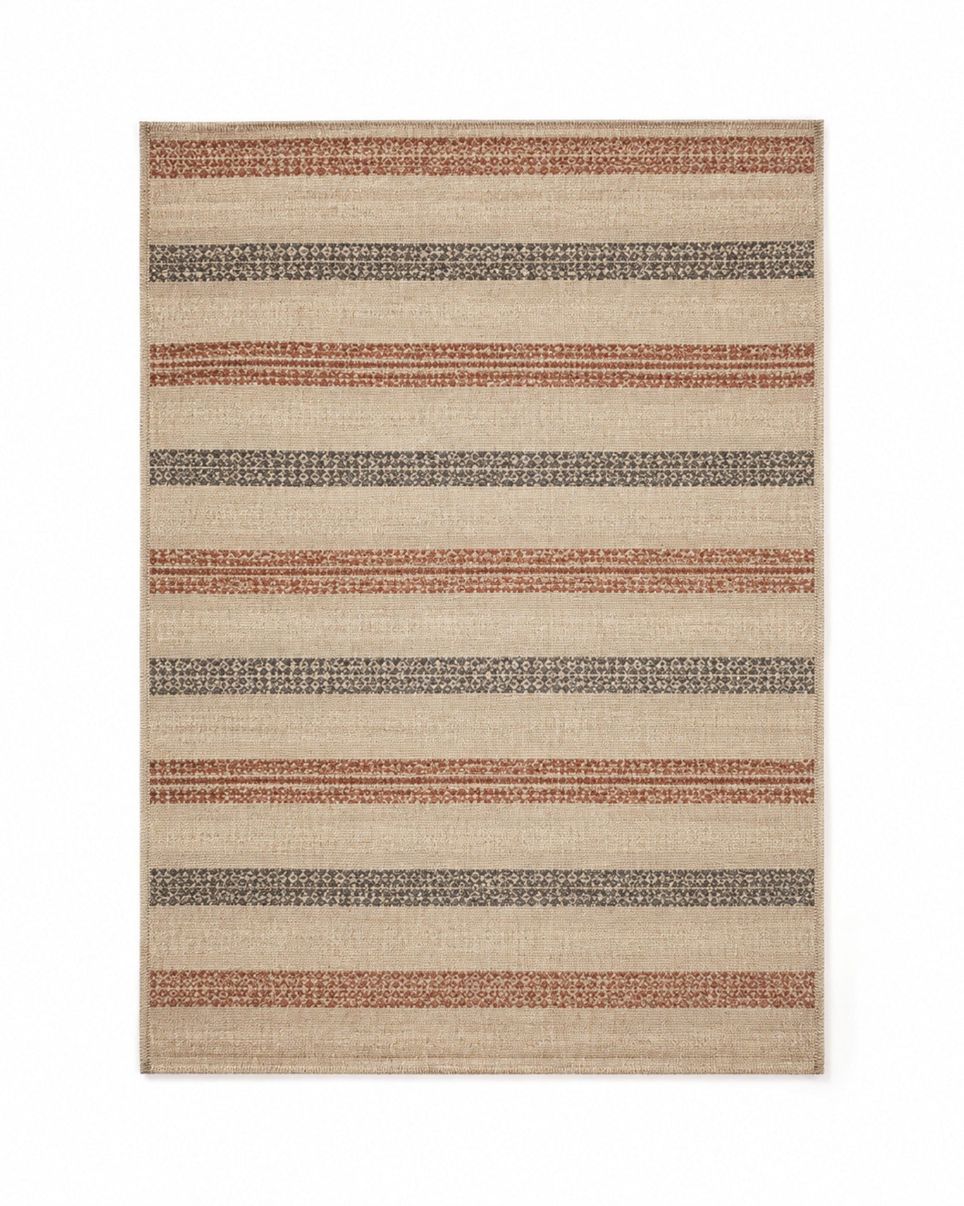 Rust taupe and charcoal handwoven cotton rug with textured stripe bands