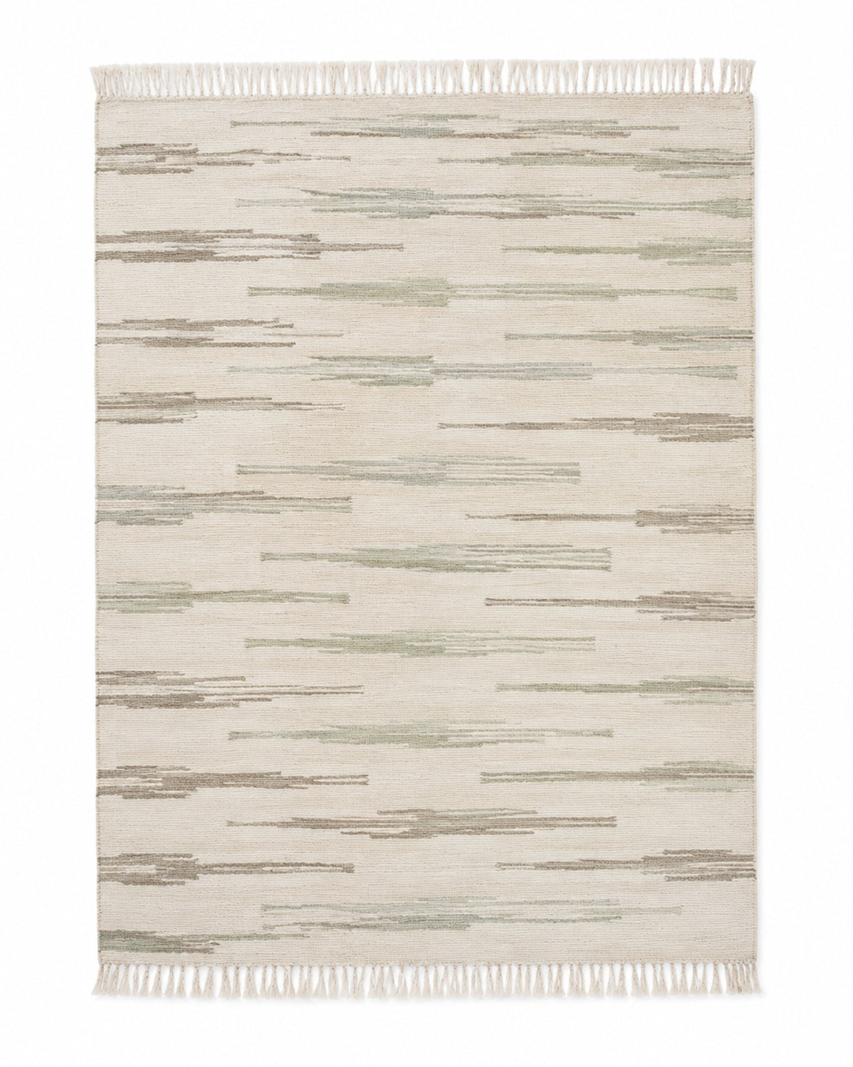 Sage and beige handwoven cotton rug with abstract broken stripe texture and fringe