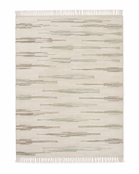 Sage and beige handwoven cotton rug with abstract broken stripe texture and fringe