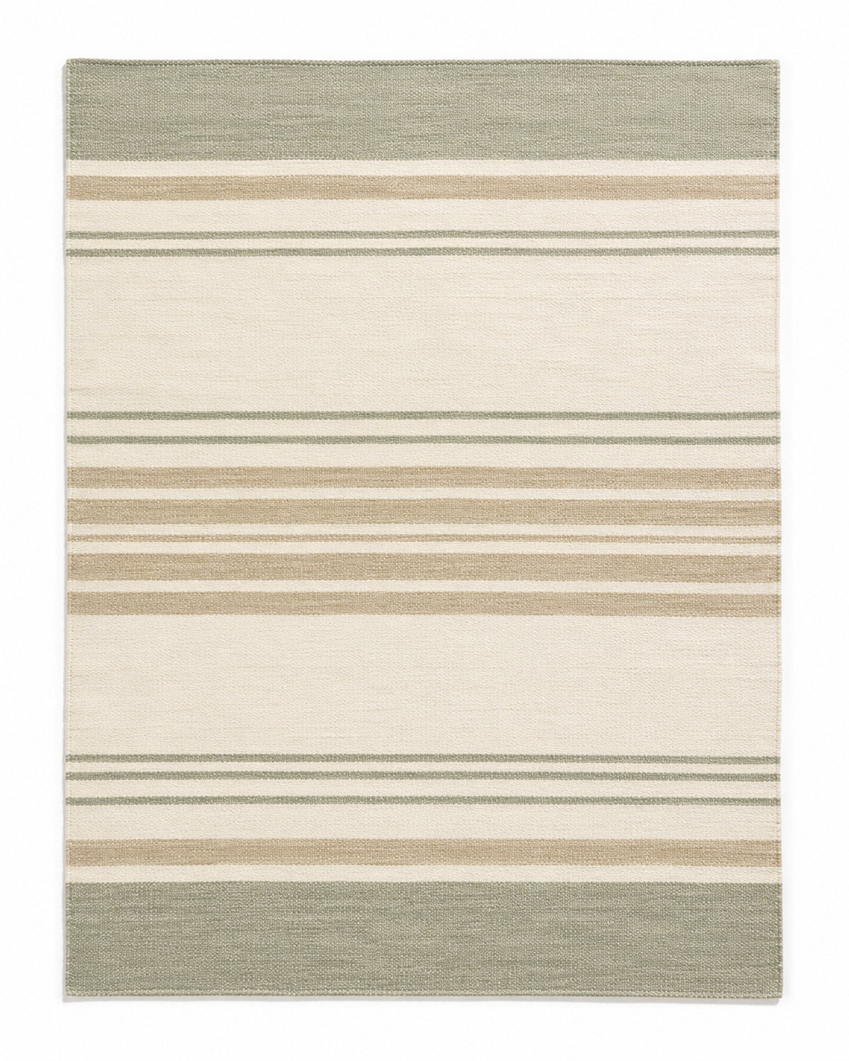 Sage green and beige handwoven cotton rug with layered horizontal stripes