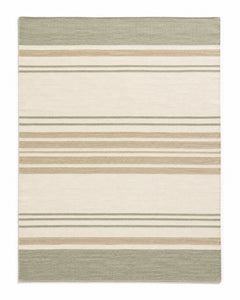 Sage green and beige handwoven cotton rug with layered horizontal stripes