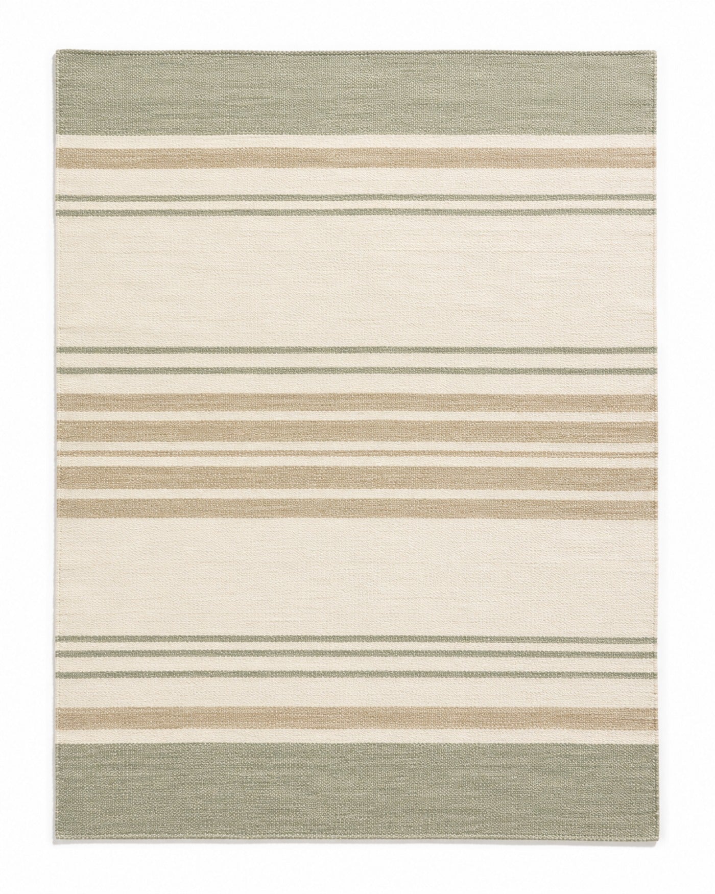 Sage green and beige handwoven cotton rug with layered horizontal stripes