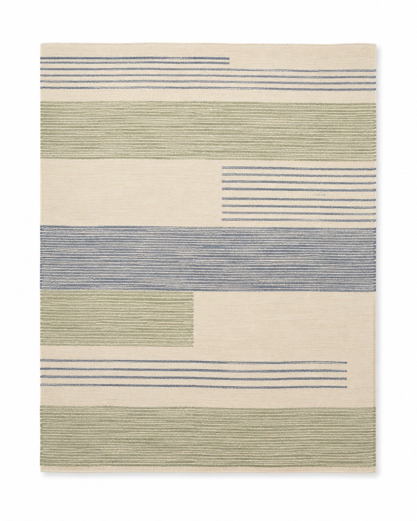 Sage blue and beige handwoven cotton rug with asymmetric stripe and block design