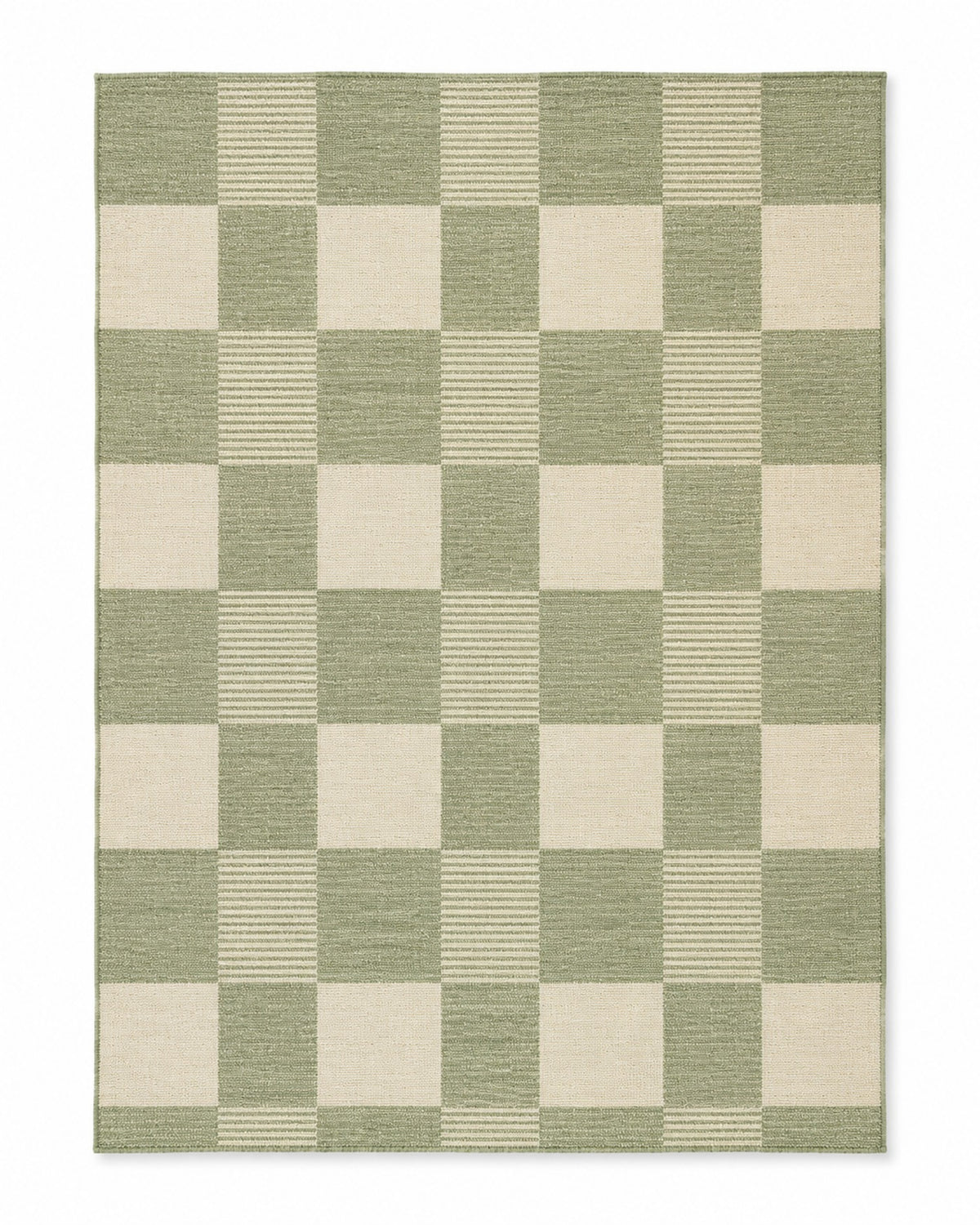 Sage green and ivory handwoven cotton rug with checkerboard pattern
