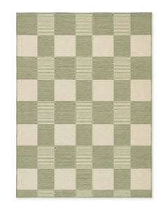 Sage green and ivory handwoven cotton rug with checkerboard pattern