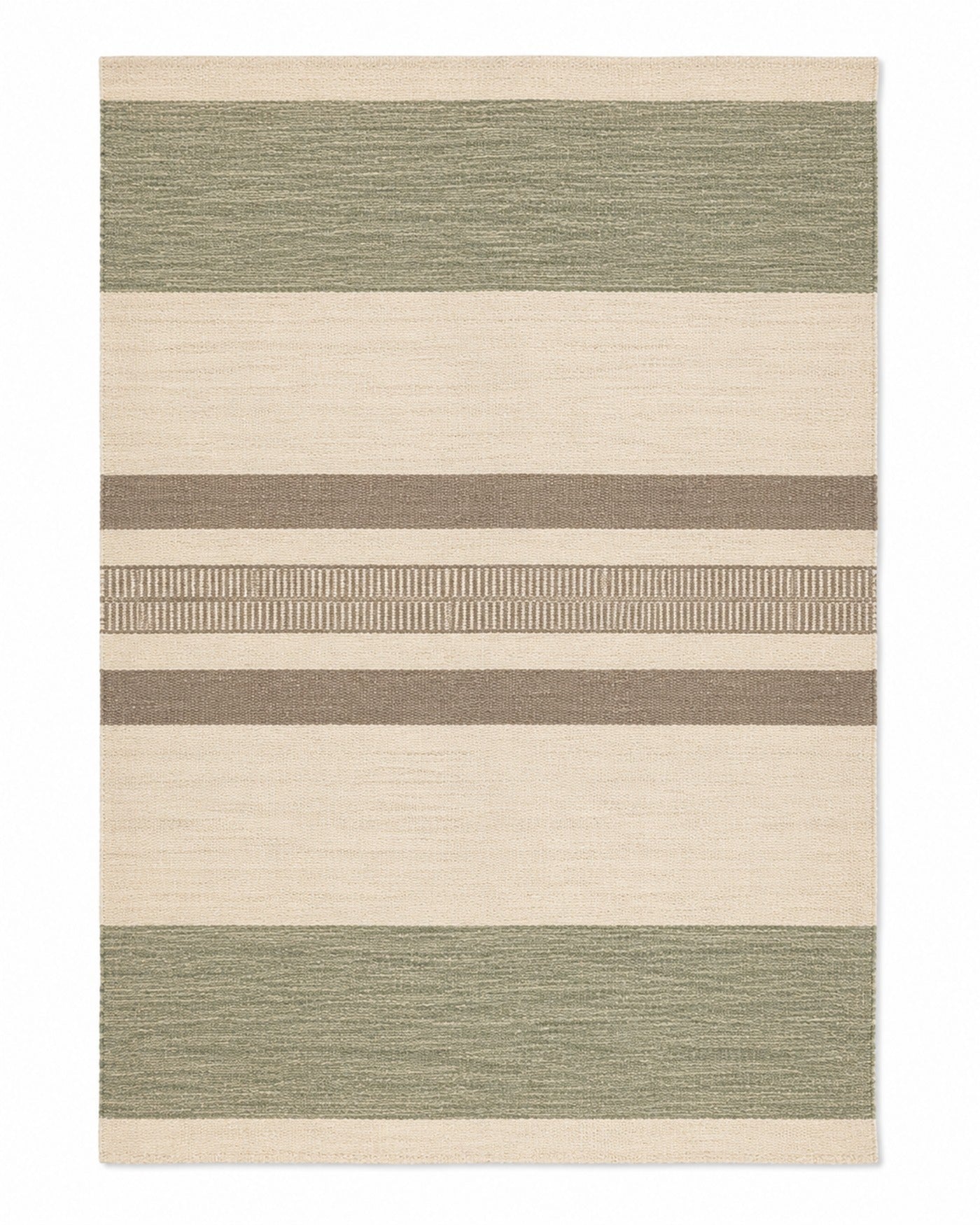 Sage green and ivory handwoven cotton rug with wide horizontal stripe blocks