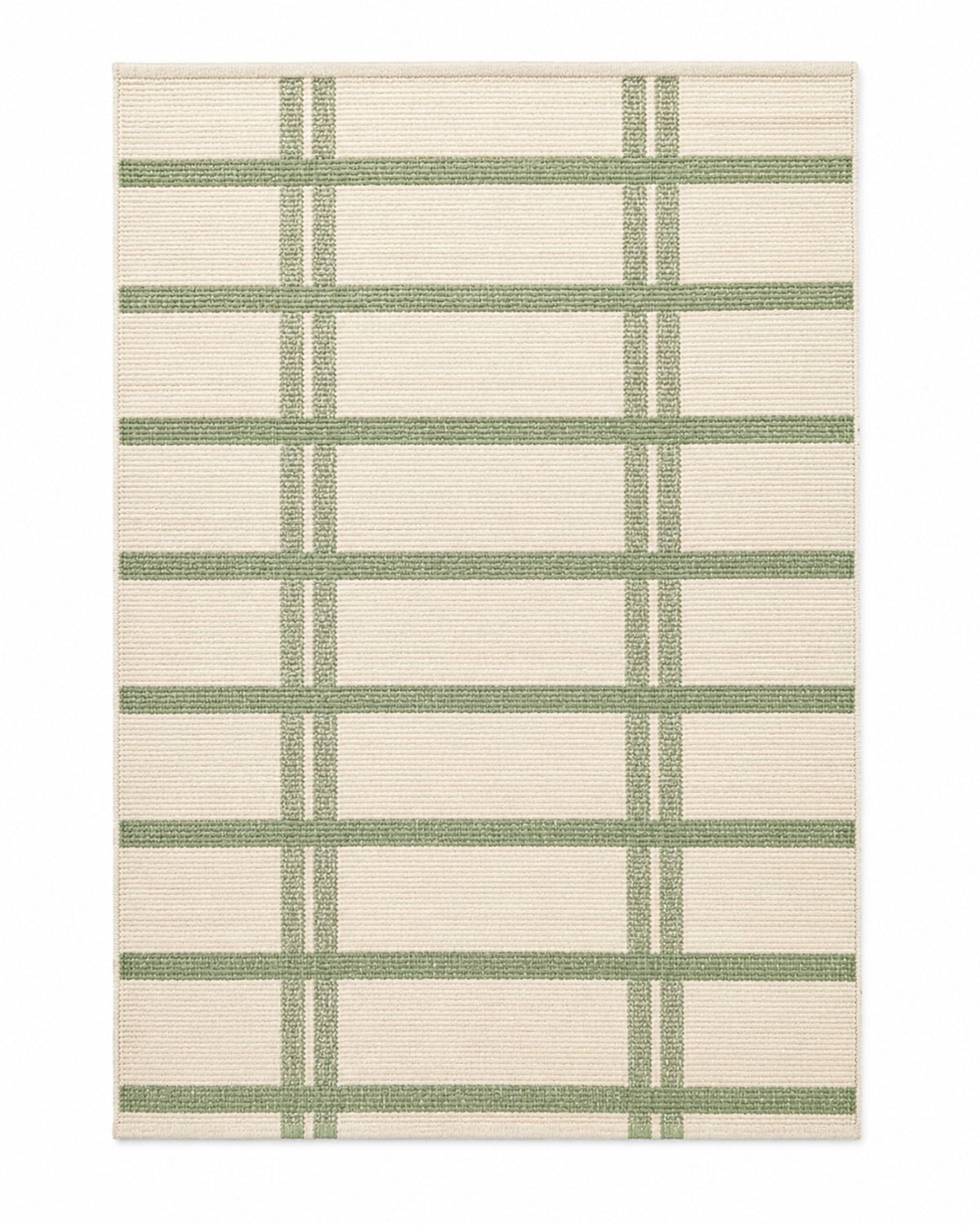 Sage green and ivory handwoven cotton rug with windowpane check pattern