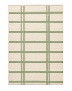 Sage green and ivory handwoven cotton rug with windowpane check pattern