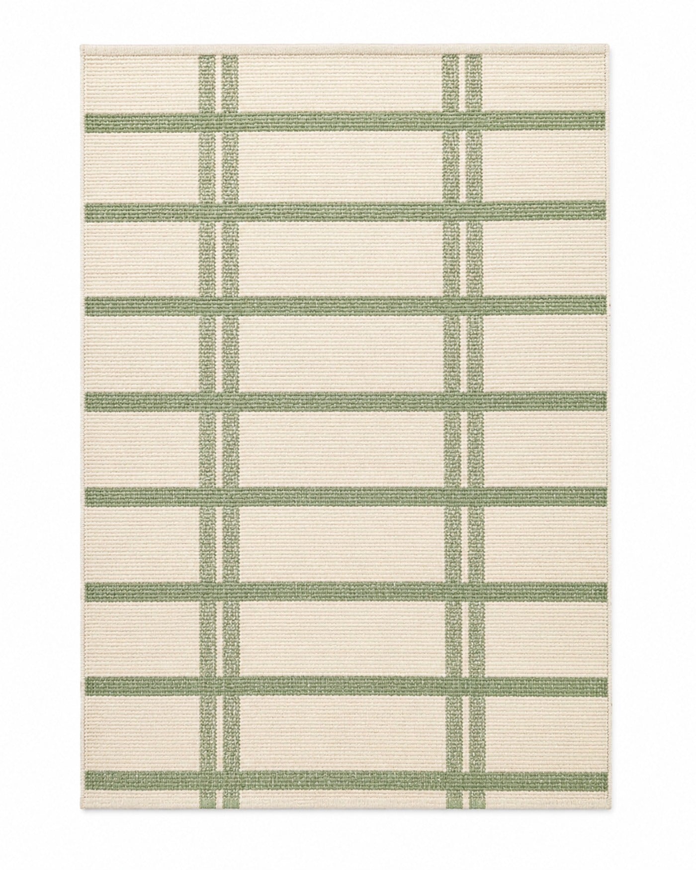Sage green and ivory handwoven cotton rug with windowpane check pattern