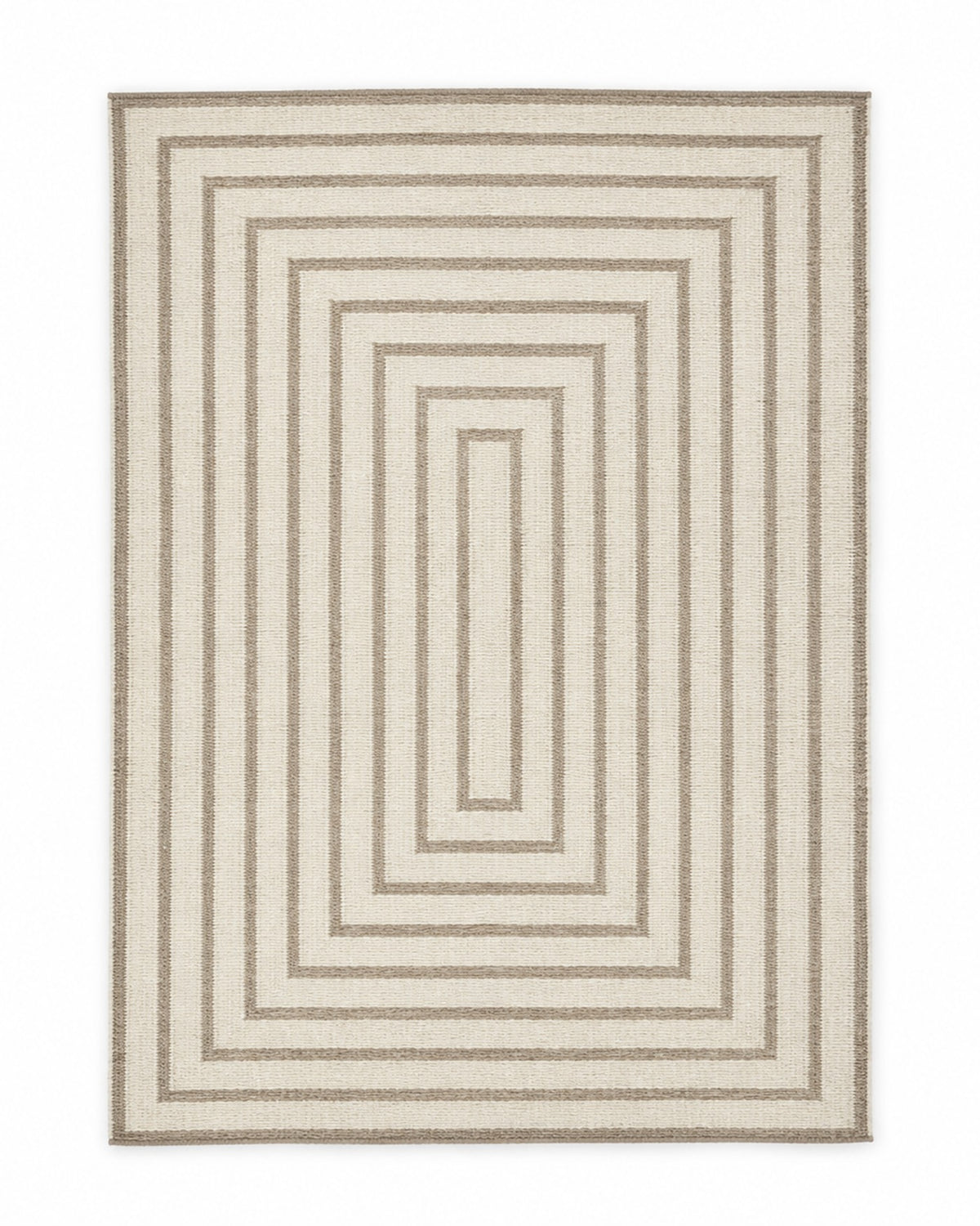 Taupe and ivory handwoven cotton rug with concentric rectangular line design