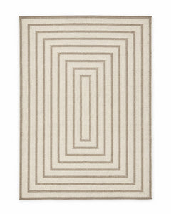 Taupe and ivory handwoven cotton rug with concentric rectangular line design