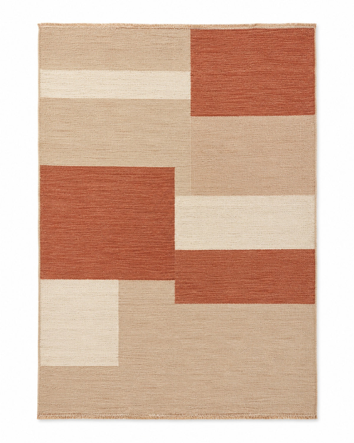 Terracotta and beige handwoven cotton rug with modern color-block geometric design