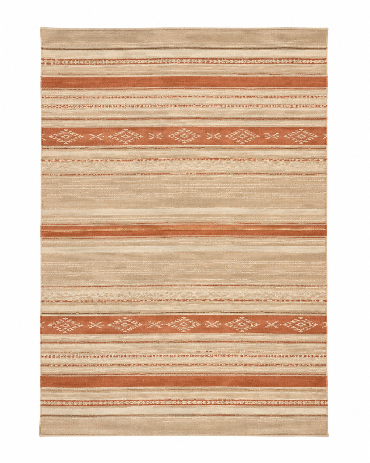 Terracotta and beige handwoven cotton rug with tribal-inspired stripe bands