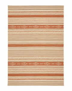 Terracotta and beige handwoven cotton rug with tribal-inspired stripe bands