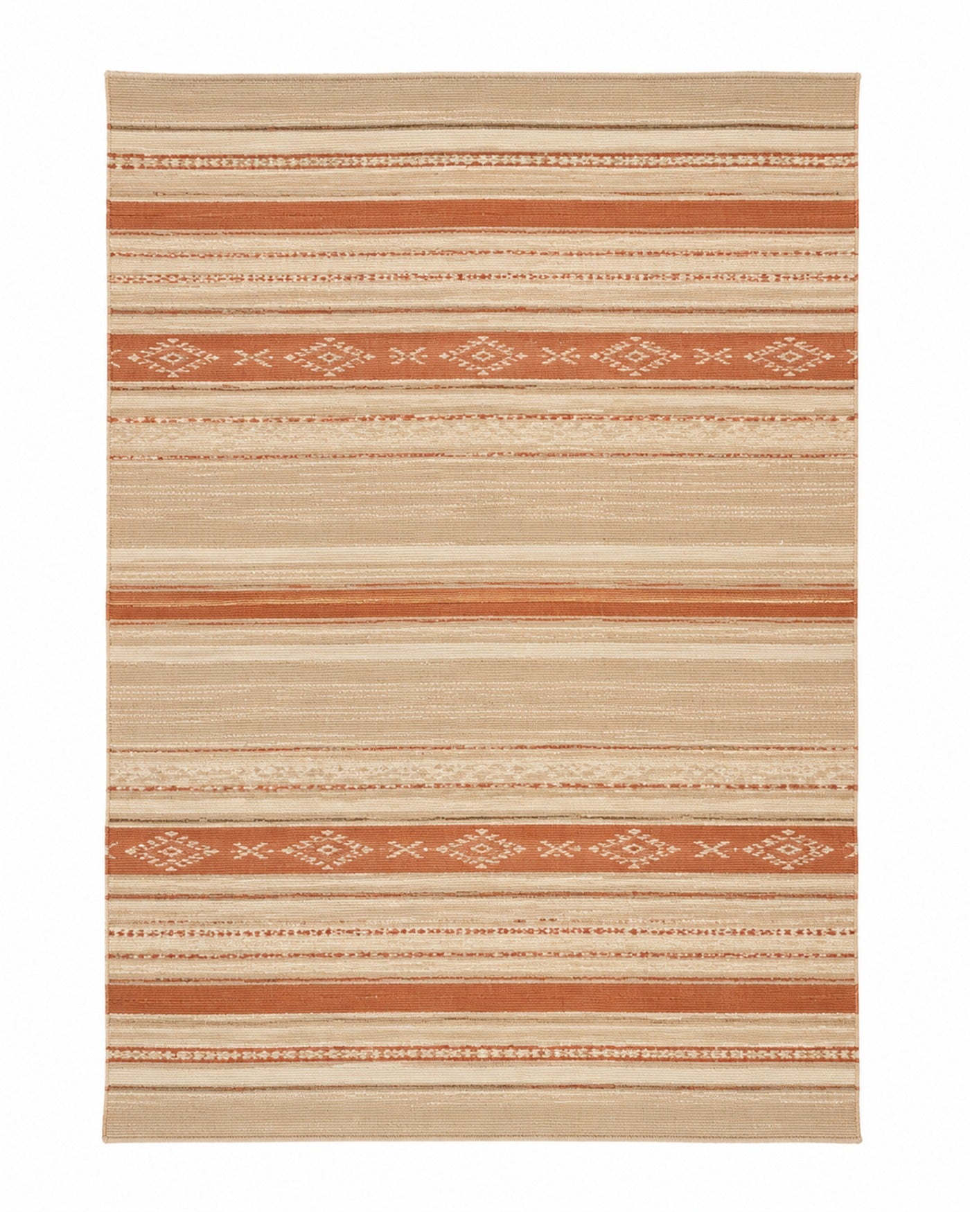Terracotta and beige handwoven cotton rug with tribal-inspired stripe bands