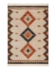 Terracotta charcoal and ivory handwoven cotton rug with tribal diamond motifs and border