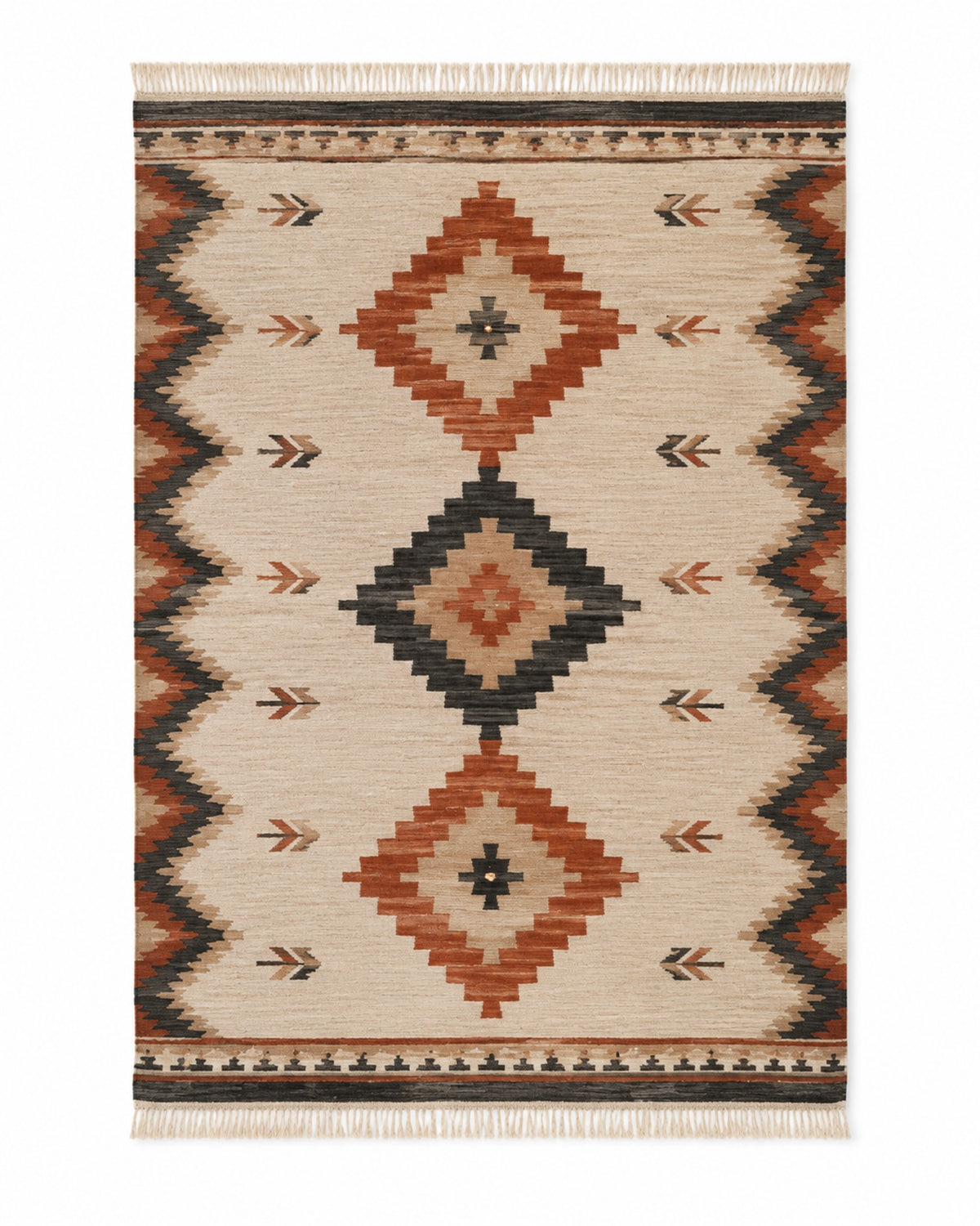 Terracotta charcoal and ivory handwoven cotton rug with tribal diamond motifs and border