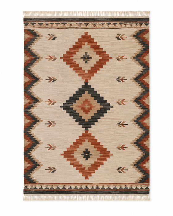 Terracotta charcoal and ivory handwoven cotton rug with tribal diamond motifs and border