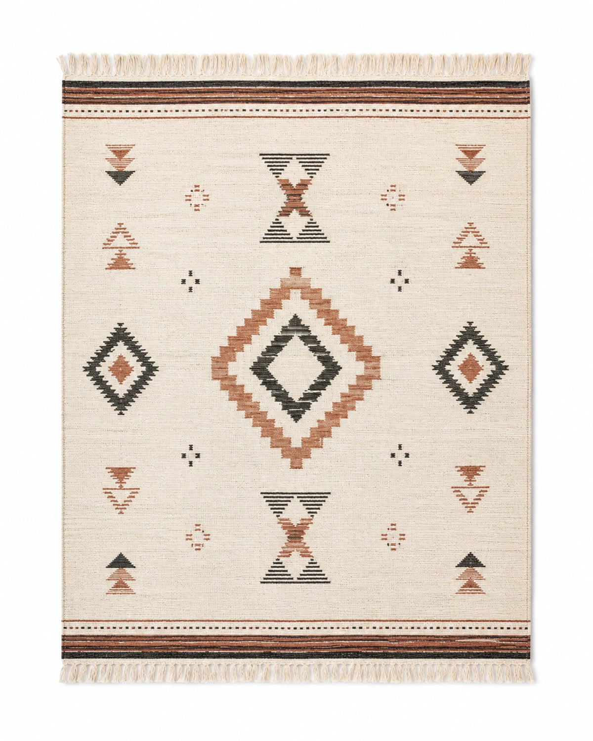 Terracotta charcoal and ivory handwoven cotton rug with centered tribal geometric motifs