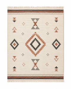 Terracotta charcoal and ivory handwoven cotton rug with centered tribal geometric motifs